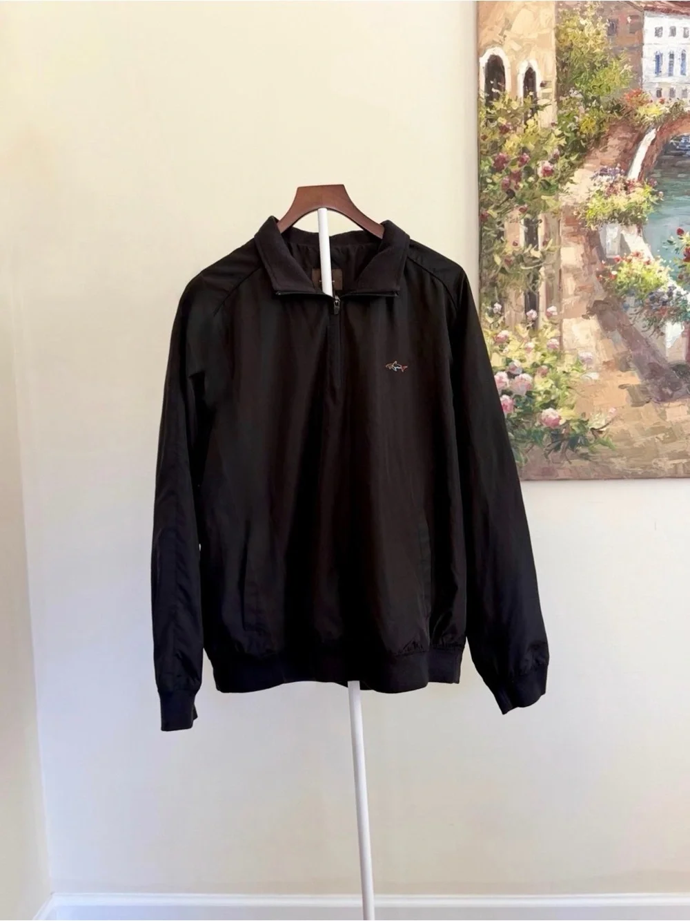 Greg Norman Black 1/4 Zip Windbreaker Men’s Large Shark Logo Golf Performance